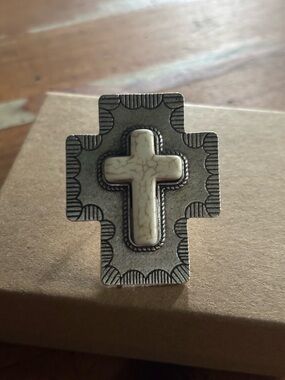 Tibetan Silver Statement Cross Adjustable Ring Accented with Bone Inlay